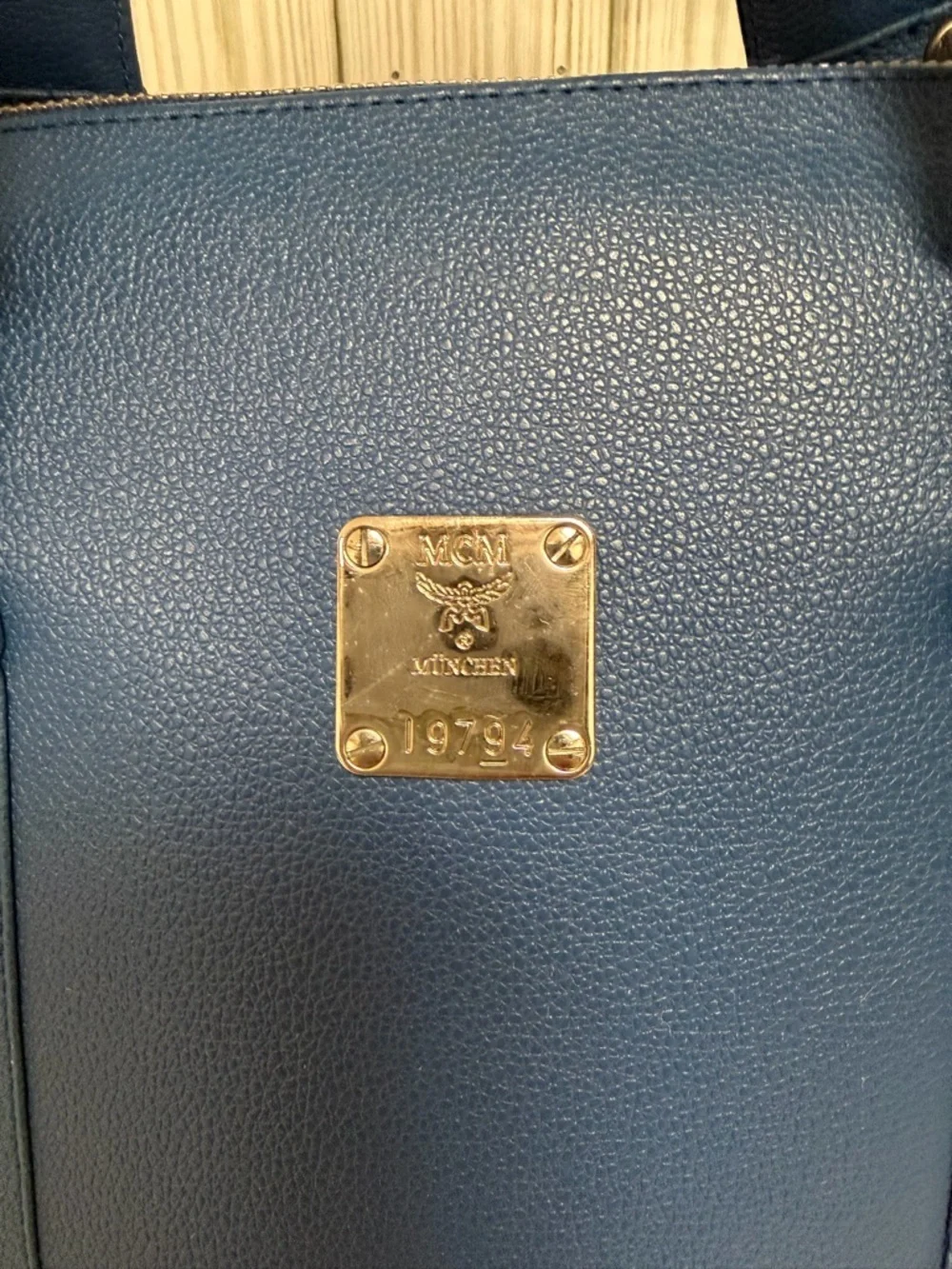 MCM Blue Leather Satchel Bag Gold Hardware Structured Top Handle Purse Dome Bag